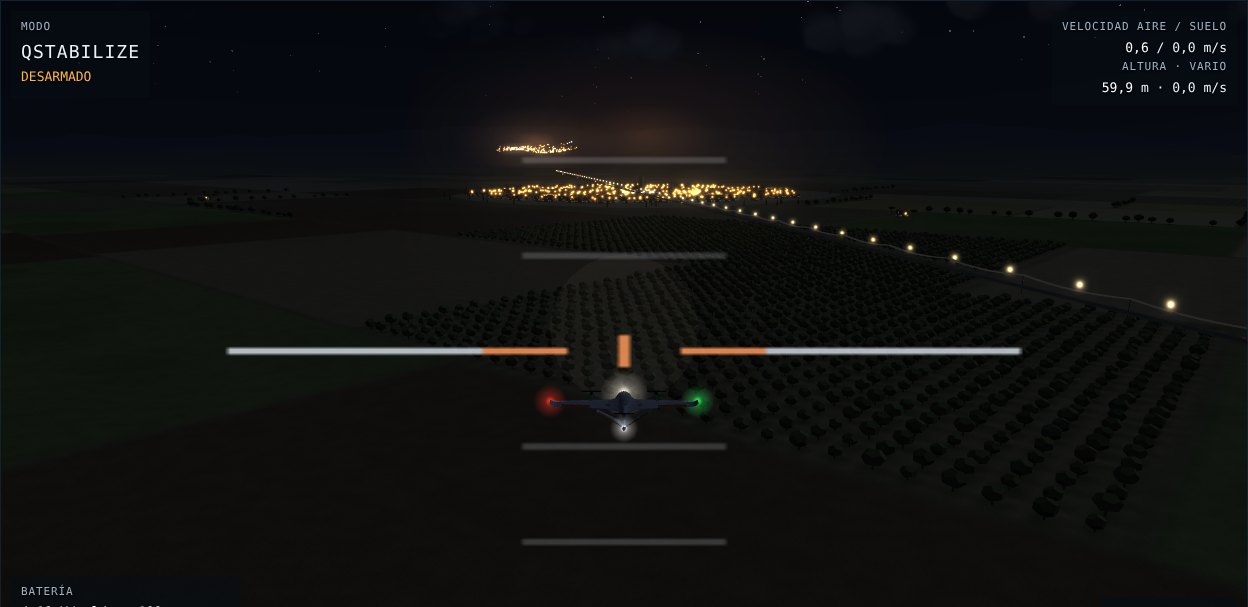 Vuelo nocturno con luces de navegación roja y verde y faro blanco, con un pueblo iluminado y una carretera con farolas en el horizonte