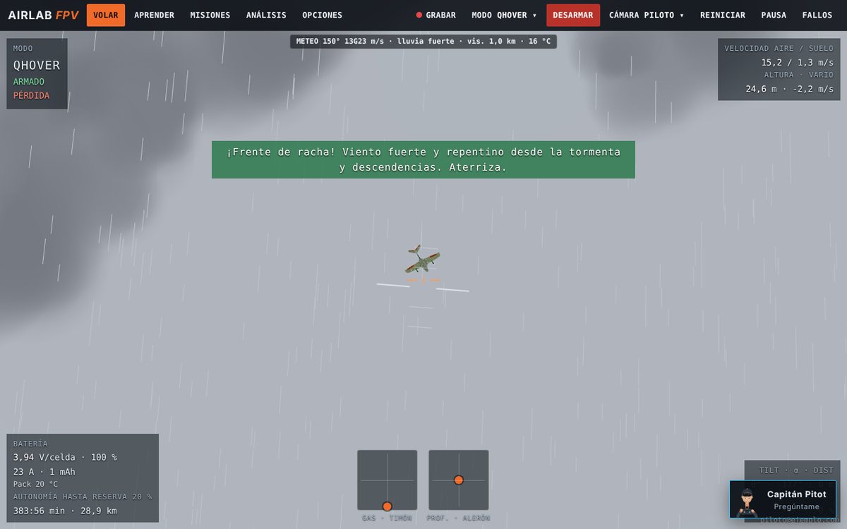 Tormenta en el simulador: lluvia, visibilidad reducida y la línea METEO con viento y rachas