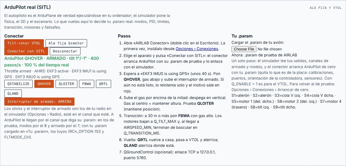Panel ArduPilot real (SITL): tilt-rotor en QHOVER armado a 400 pasos por segundo y al 100 % del tiempo real, modos del canal 8 e interruptor de armado