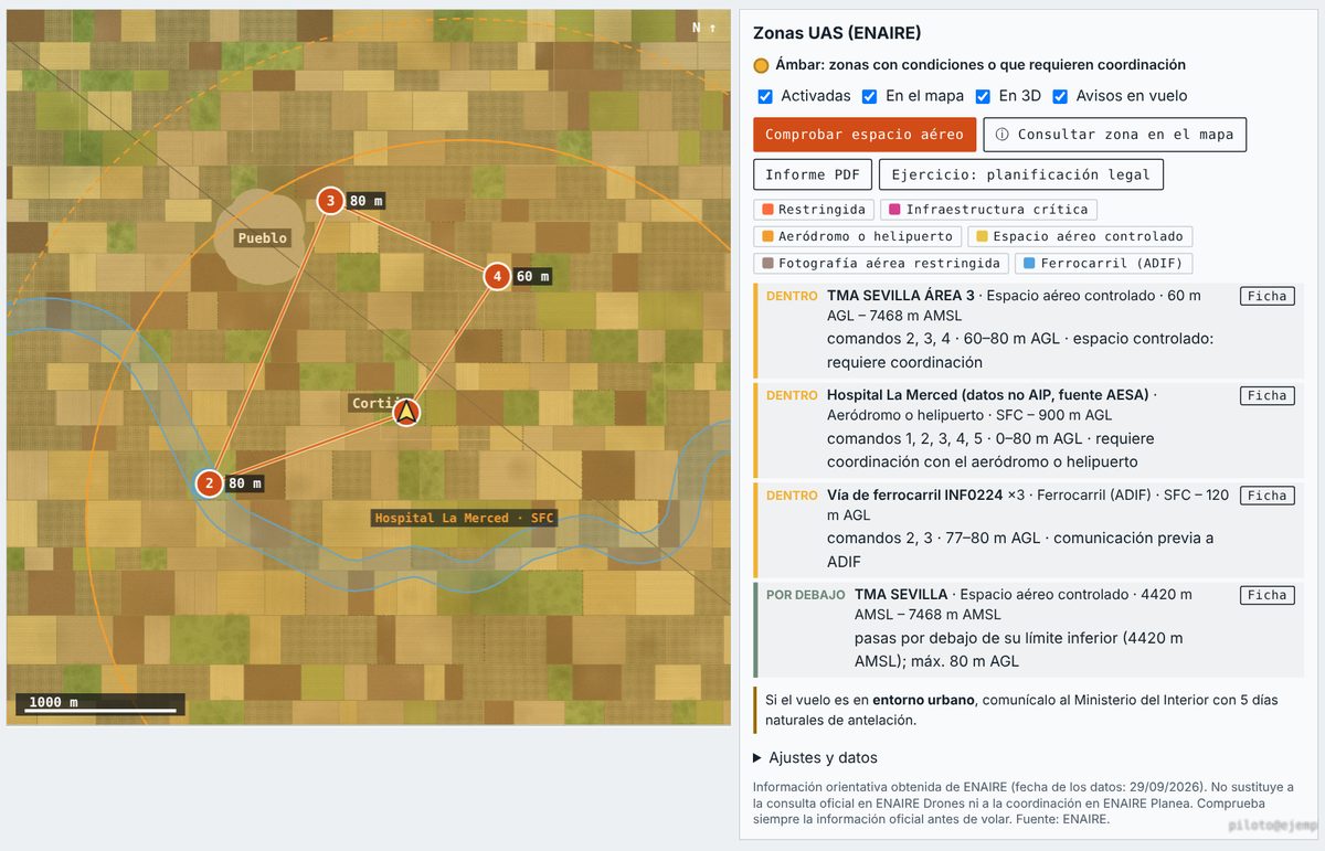 Planificador con las zonas UAS de ENAIRE alrededor de Osuna: helipuerto, vía del tren y espacio controlado, con el semáforo ámbar y la lista de zonas que afectan a la misión