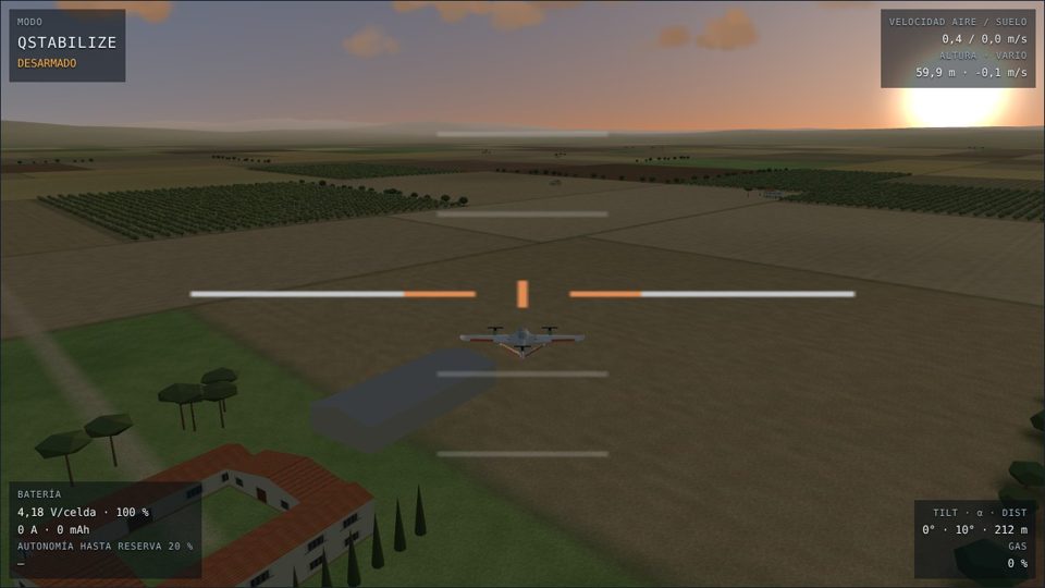 Campiña de olivos al atardecer con el avión VTOL en vuelo