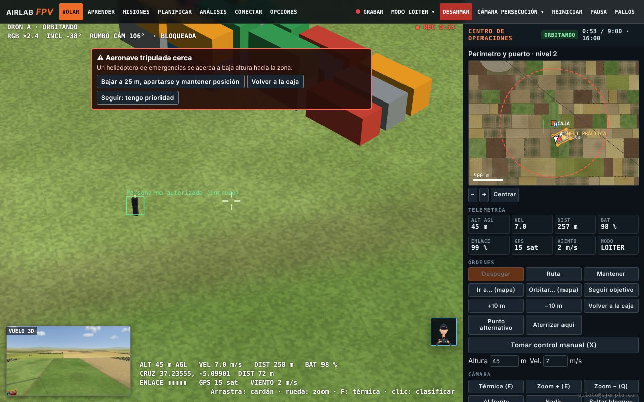 Operations centre: drone video large with a helicopter alert, 3D flight small and the console with the map
