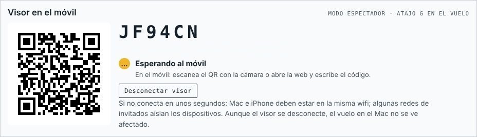 Panel «Visor en el móvil» del simulador con el código QR, el código de 6 letras y el estado de la conexión